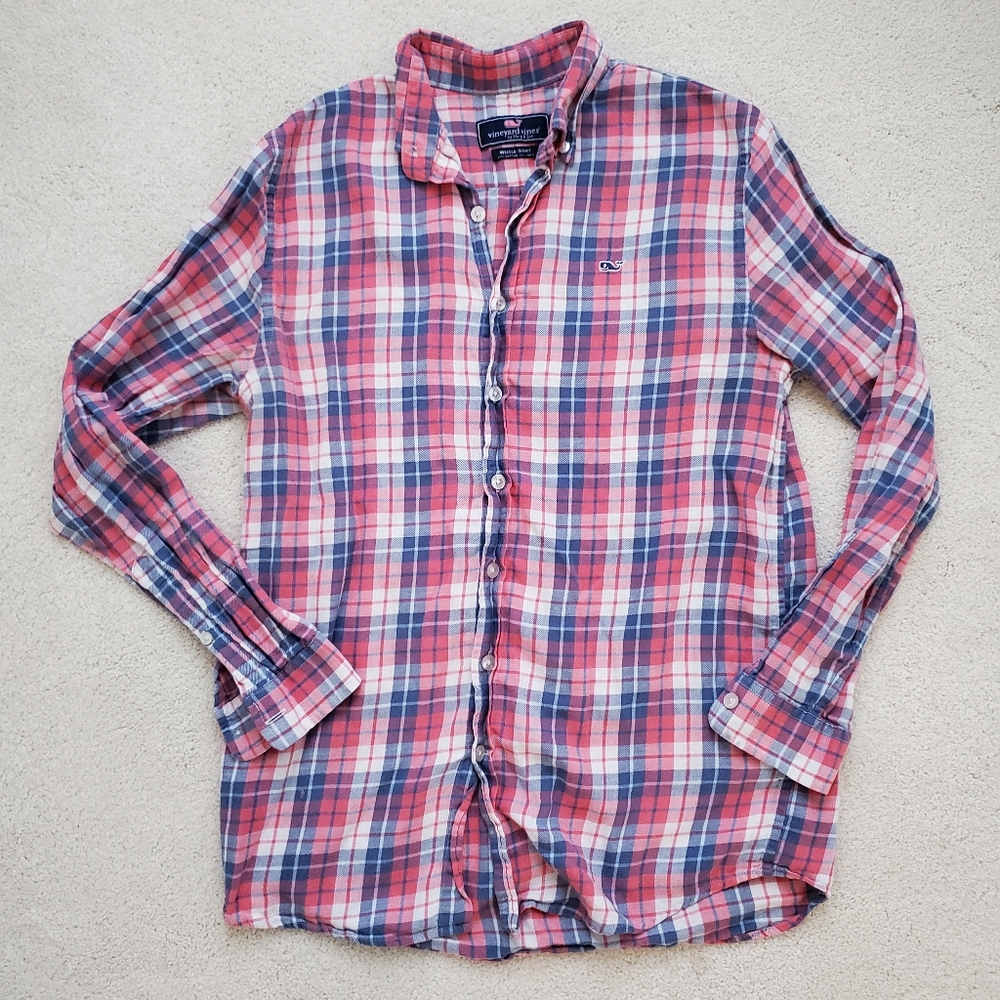 Vineyard Vines Boys Pink Blue Plaid Whale Shirt Cotton/Linen Button-up szL